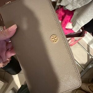 SOLD!!!!! Tory Burch Taupe Saffiano Zip Around Wallet with Gold Logo